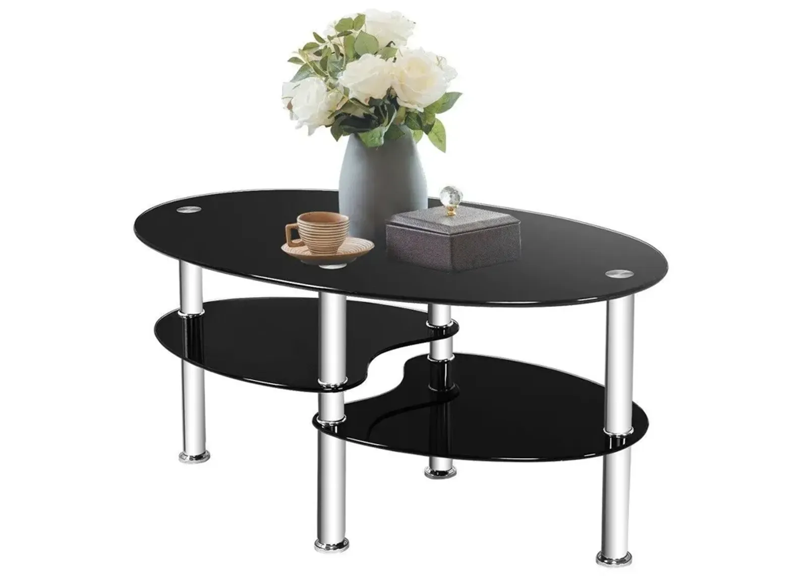 Hivvago Modern Black Tempered Glass Coffee Table with Bottom Shelf