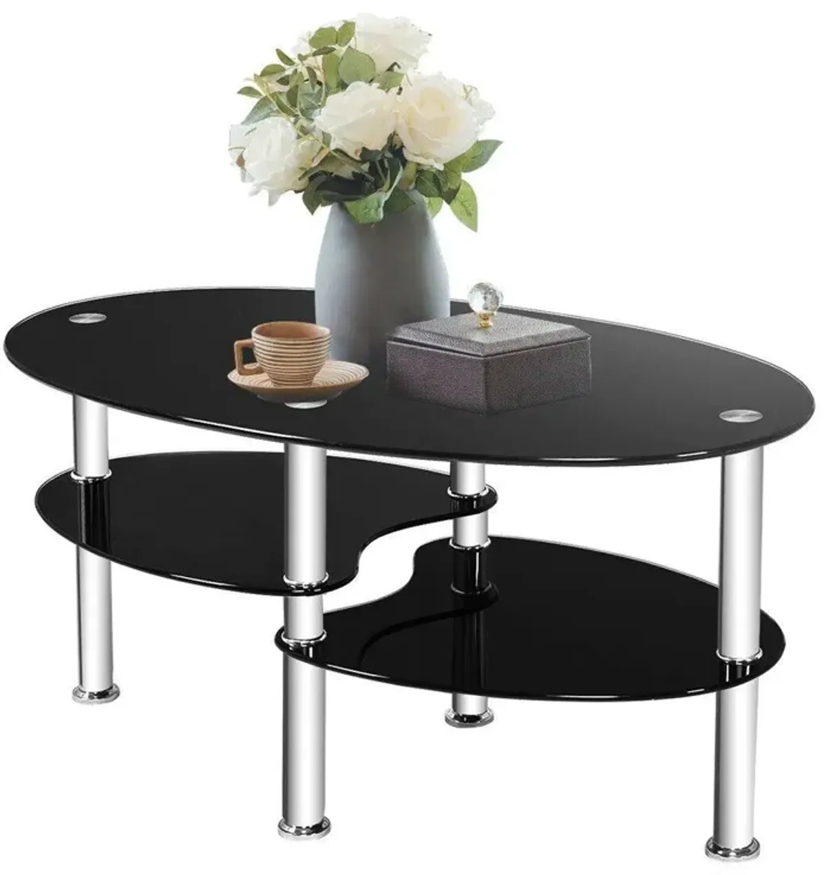 Hivvago Modern Black Tempered Glass Coffee Table with Bottom Shelf