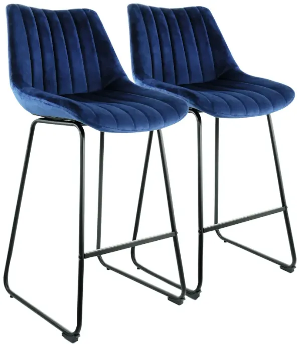 Elama 2 Piece Velvet Stripe Stitch Bar Chair in Royal Blue with Metal Legs