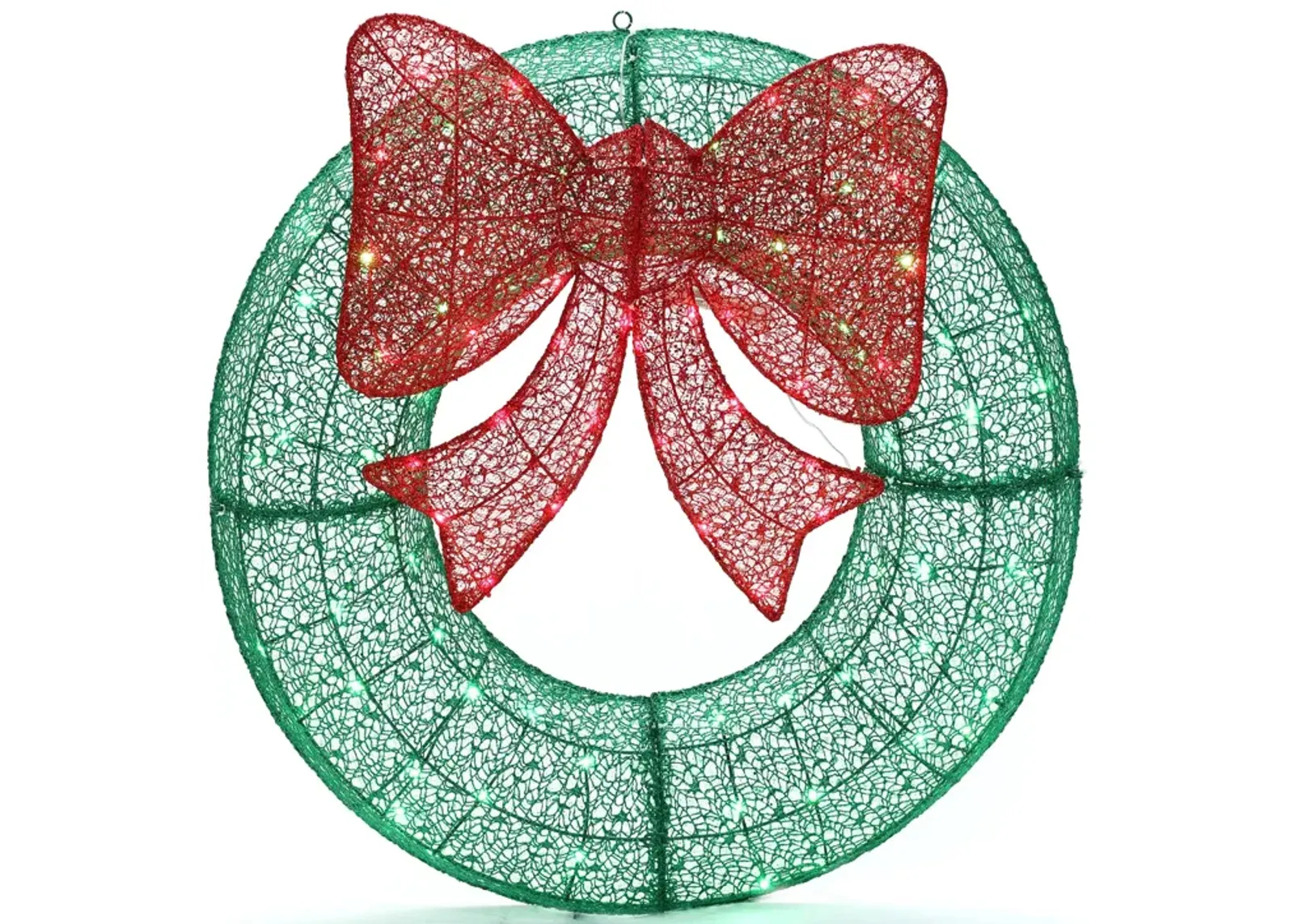 LuxenHome 3Ft Round Lighted Green Wreath with Red Bow Outdoor Holiday Decoration