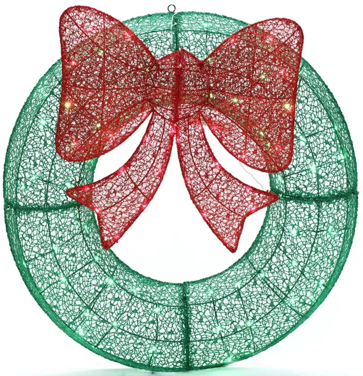 LuxenHome 3Ft Round Lighted Green Wreath with Red Bow Outdoor Holiday Decoration