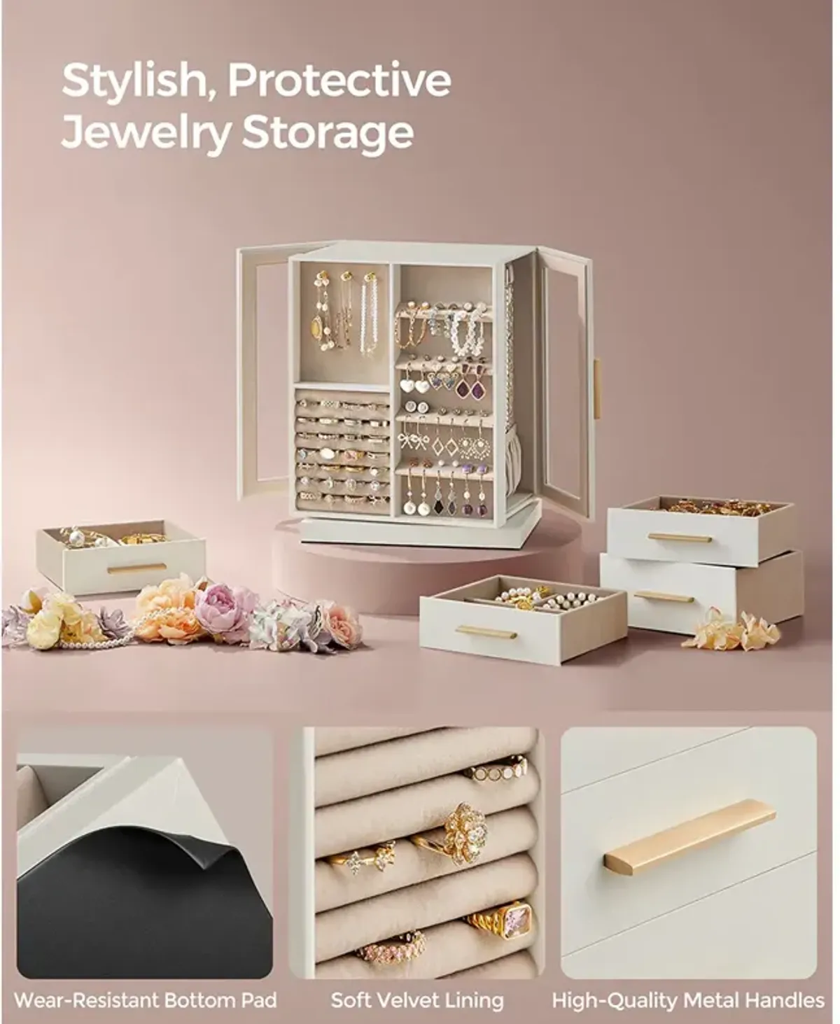 360° Rotating Jewelry Box with Multi-Layer Storage and Elegant Design