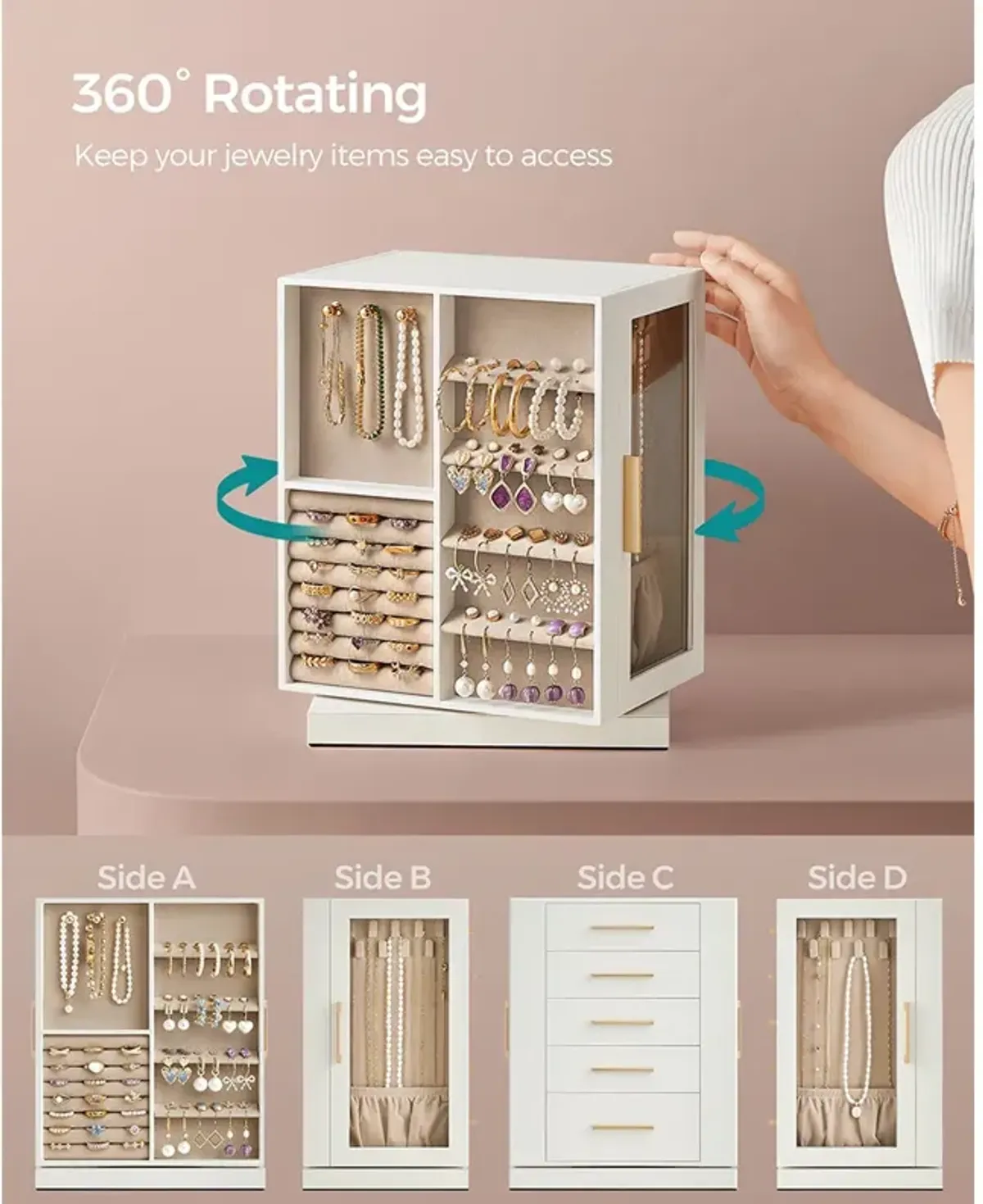 360° Rotating Jewelry Box with Multi-Layer Storage and Elegant Design