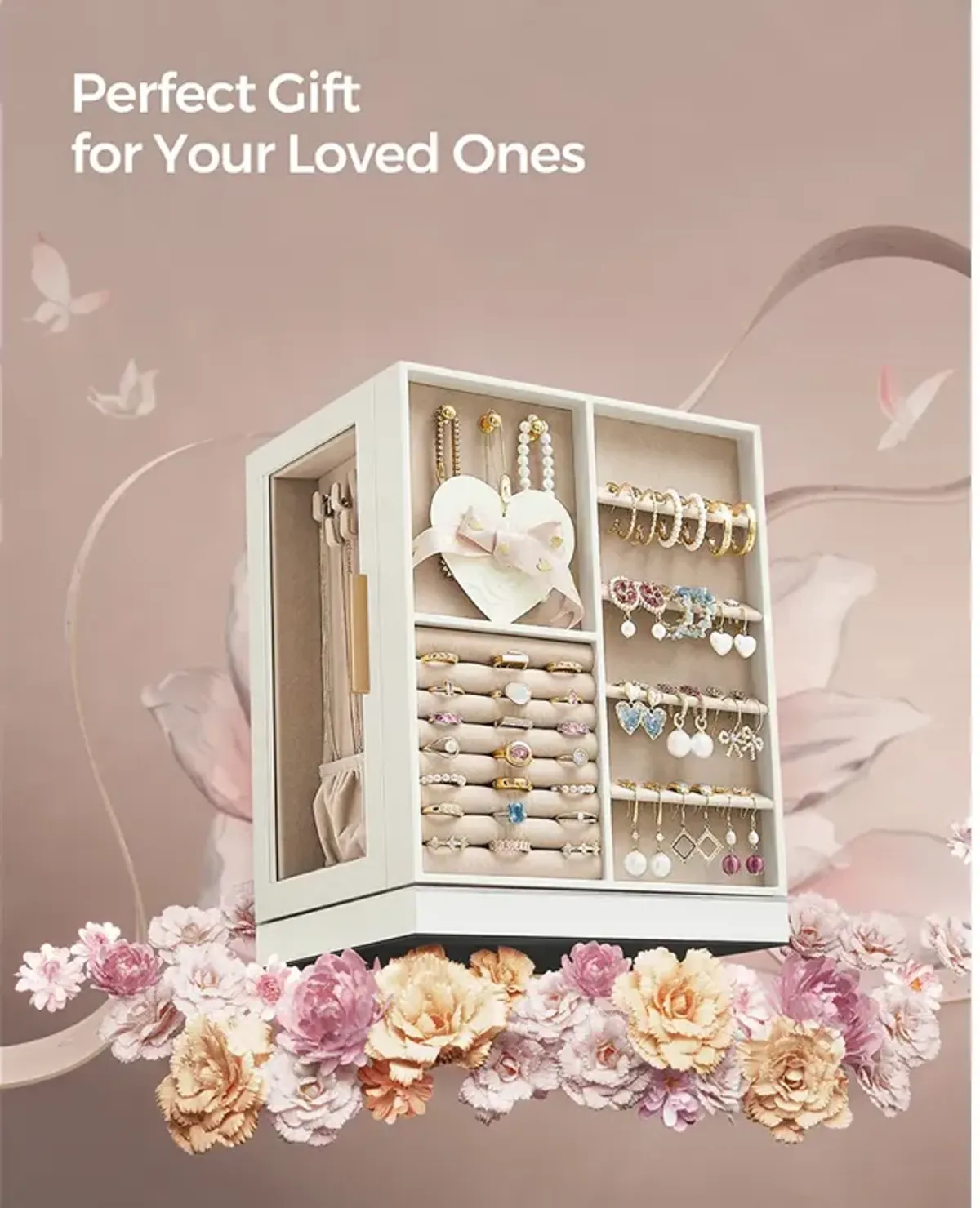 360° Rotating Jewelry Box with Multi-Layer Storage and Elegant Design