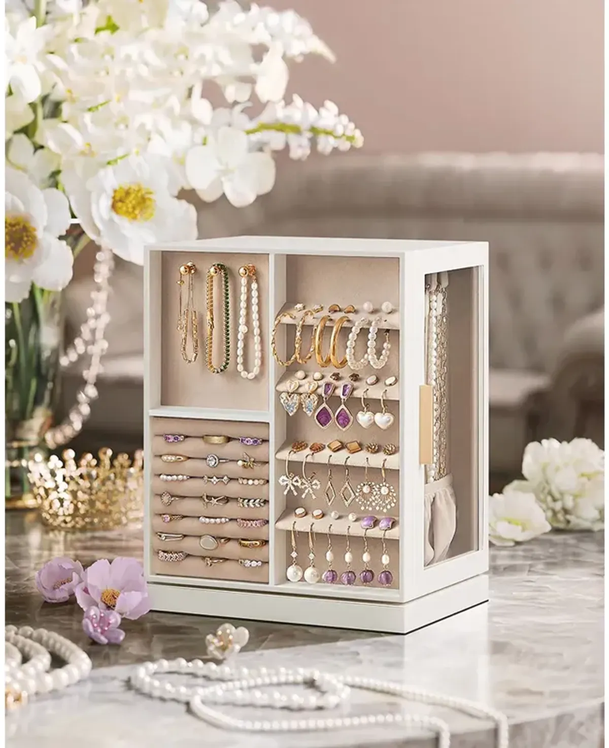 360° Rotating Jewelry Box with Multi-Layer Storage and Elegant Design