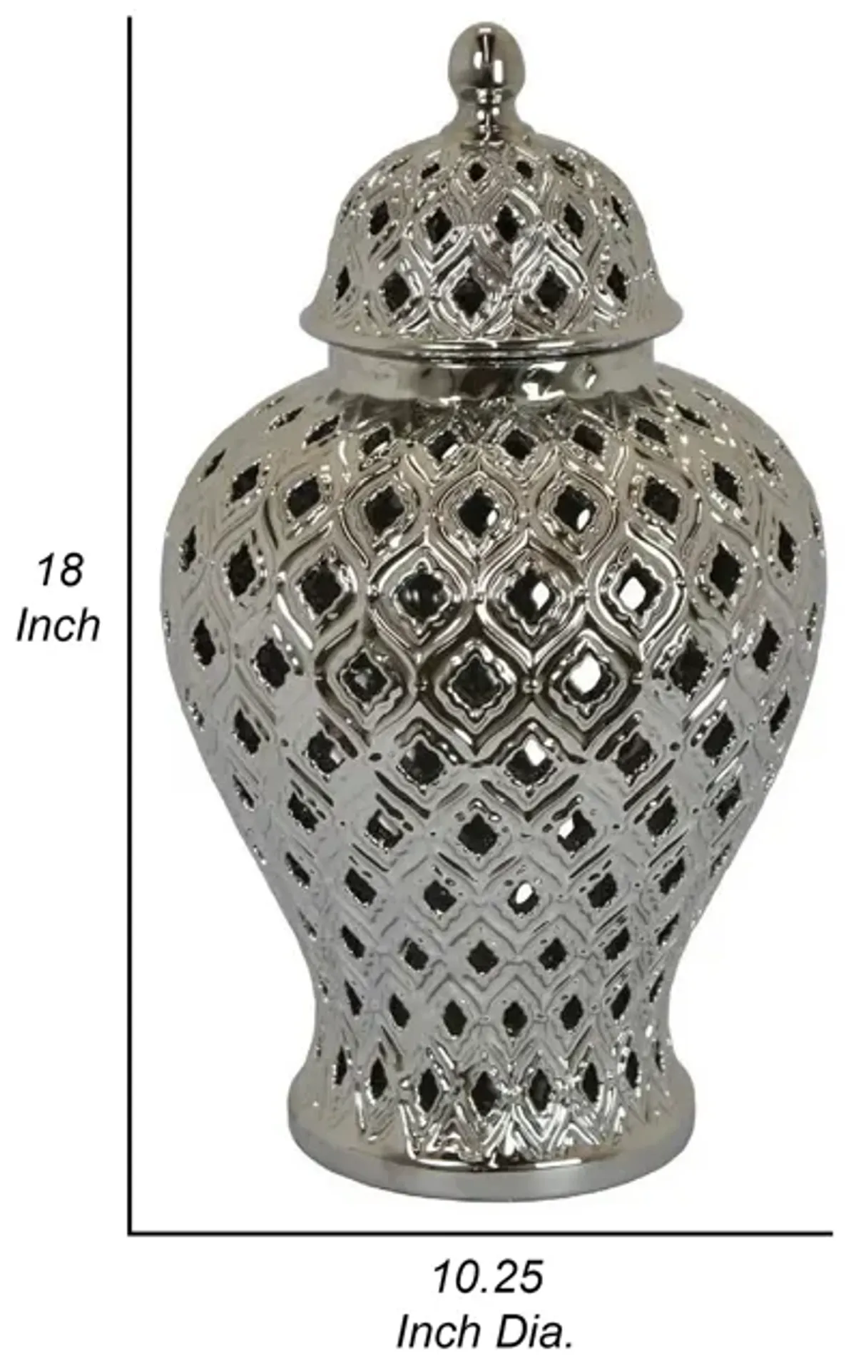 Deni 18 Inch Temple Jar, Pierced, Carved Lattice Design, Lid, Silver - Benzara