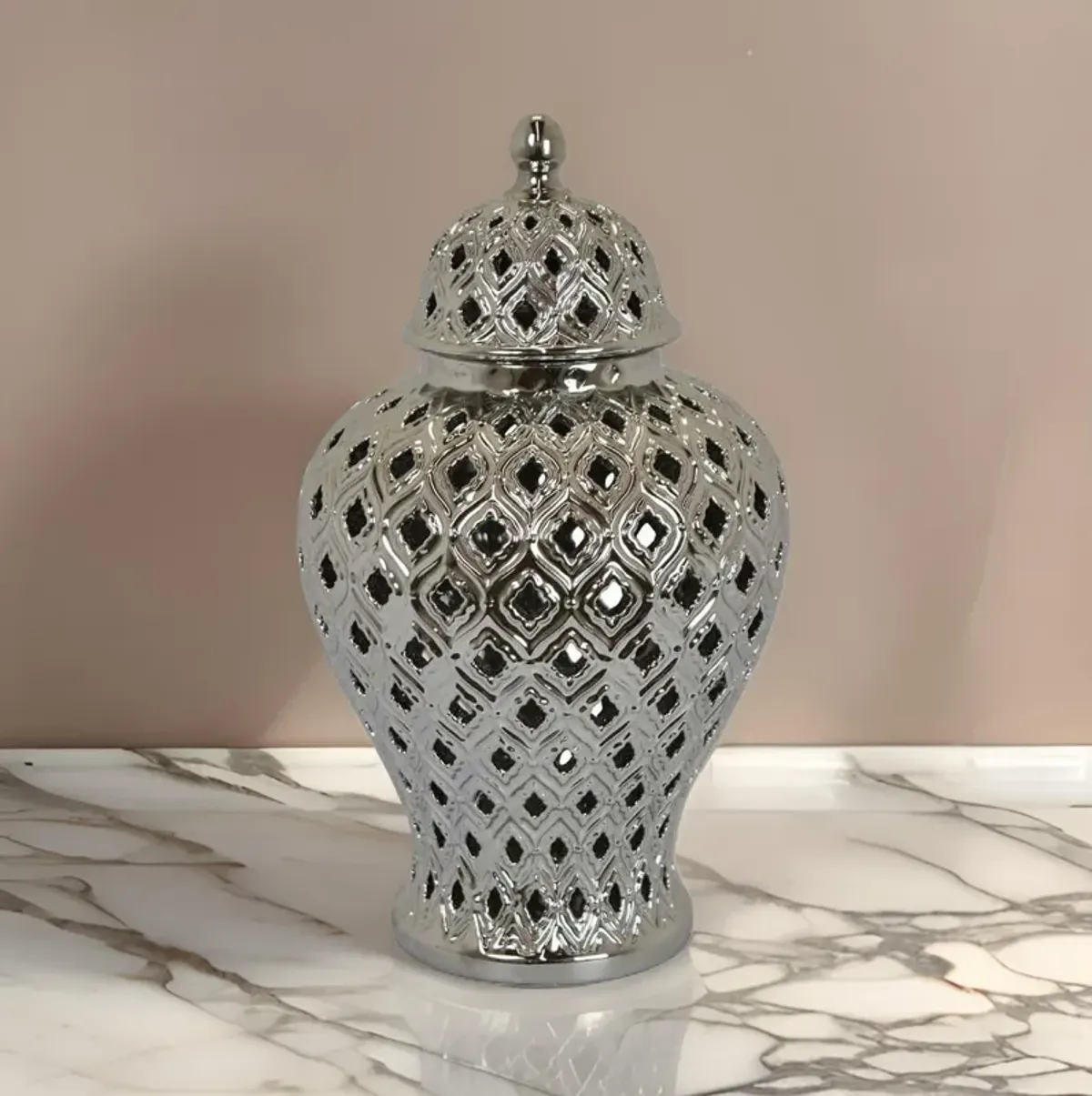 Deni 18 Inch Temple Jar, Pierced, Carved Lattice Design, Lid, Silver - Benzara