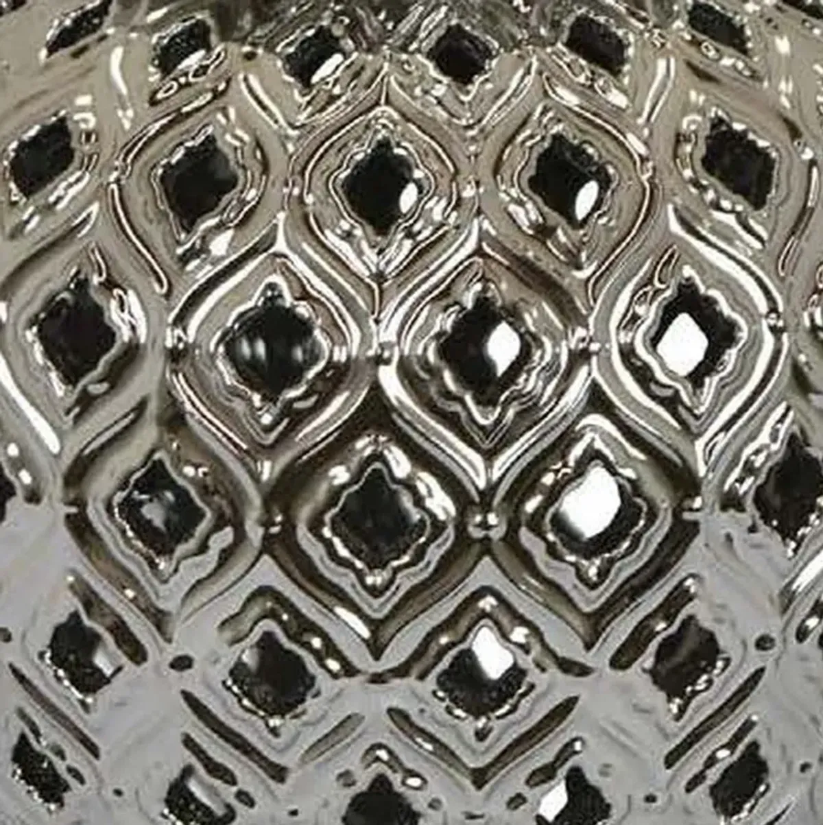 Deni 18 Inch Temple Jar, Pierced, Carved Lattice Design, Lid, Silver - Benzara