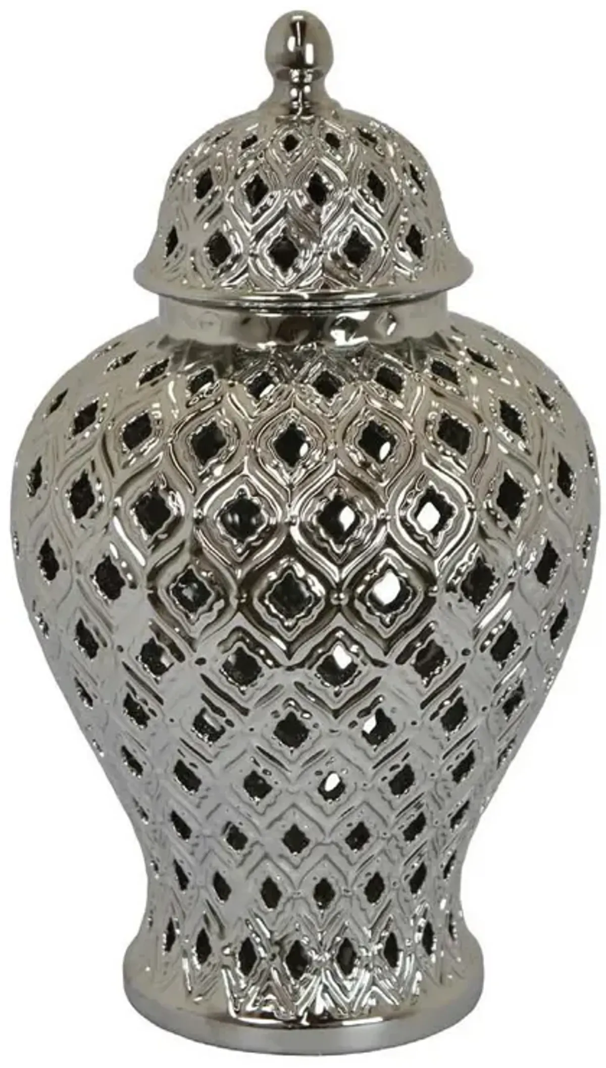 Deni 18 Inch Temple Jar, Pierced, Carved Lattice Design, Lid, Silver - Benzara