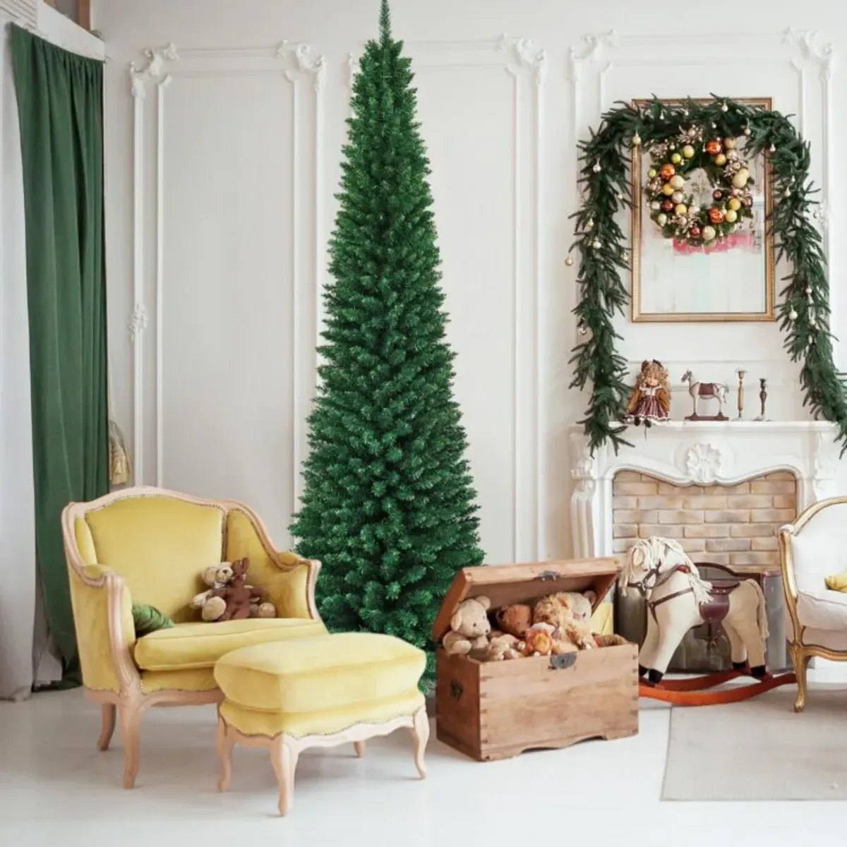 Hivvago 5/6/7/8/9 Feet PVC Artificial Slim Pencil National Christmas Tree with Metal Stand