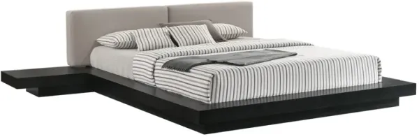 Nia Queen Size Bed, Gray Faux Leather, Black Layered Low Profile Frame - Benzara