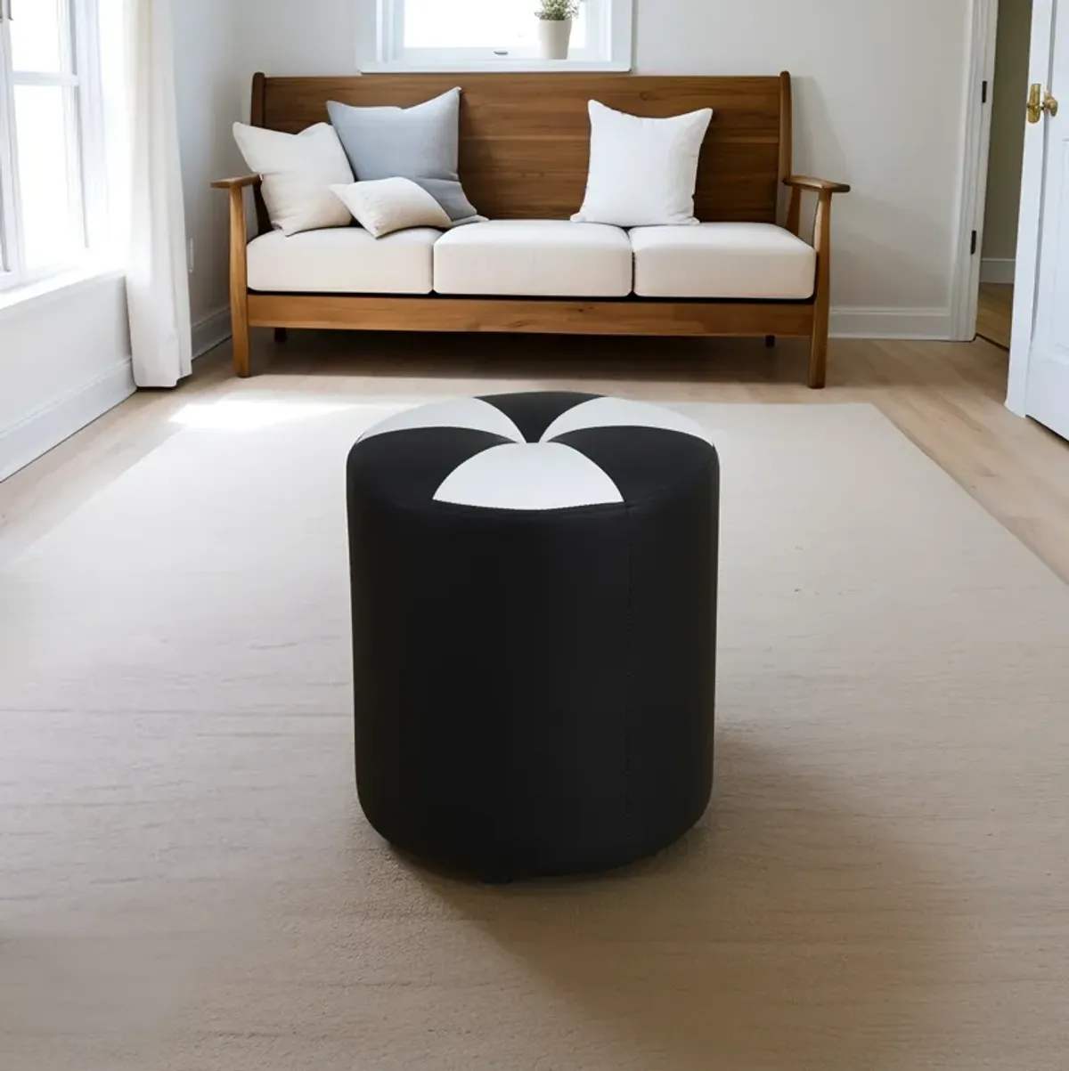 Black Faux Leather Round Ottoman