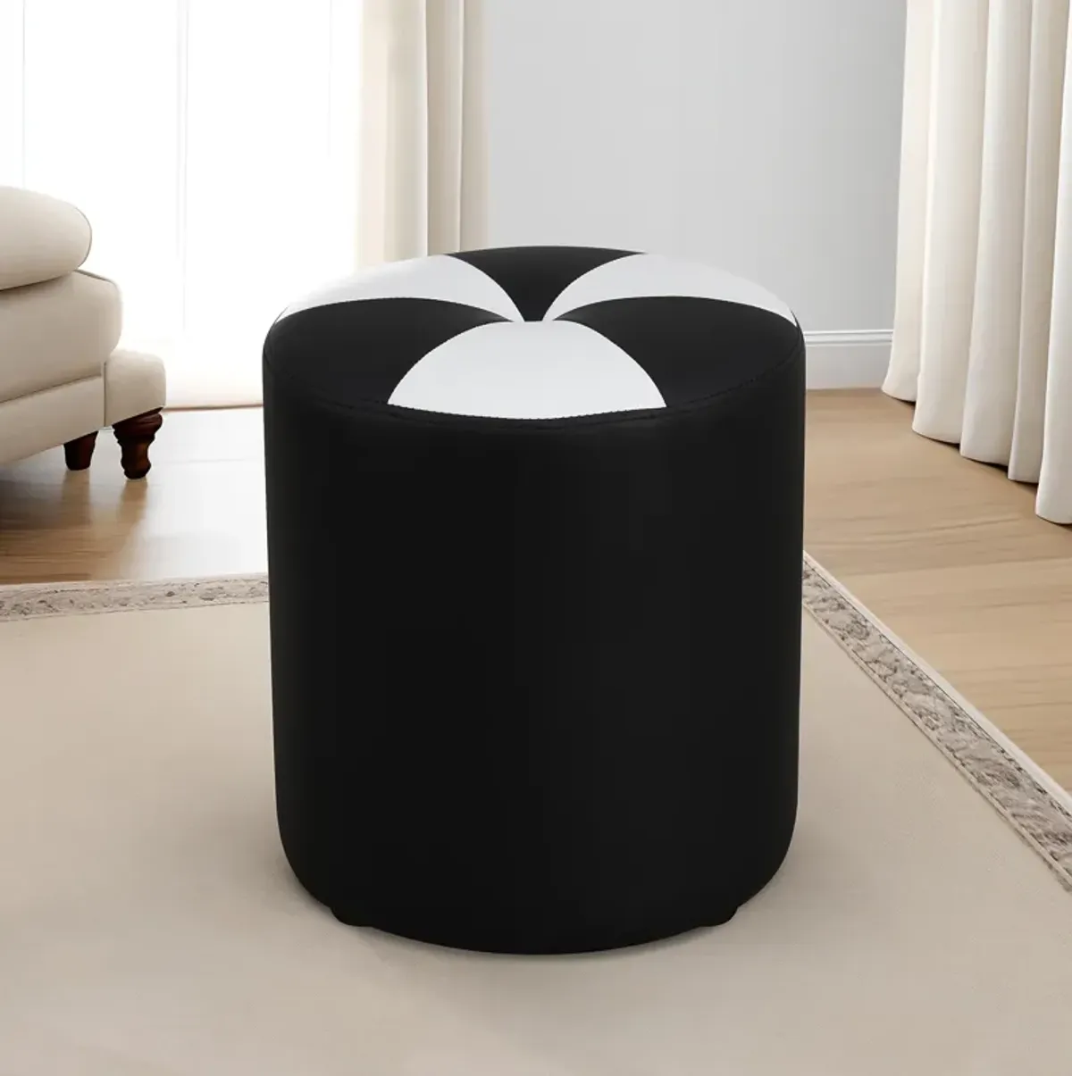 Black Faux Leather Round Ottoman