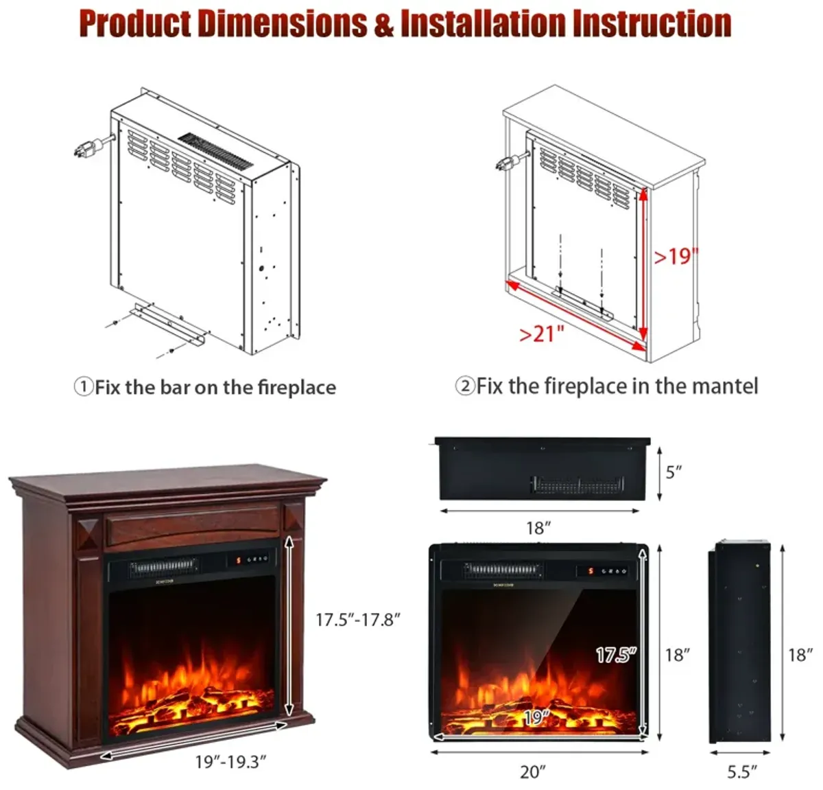 18 Inch 1500W Electric Fireplace Freestanding and Recessed Heater