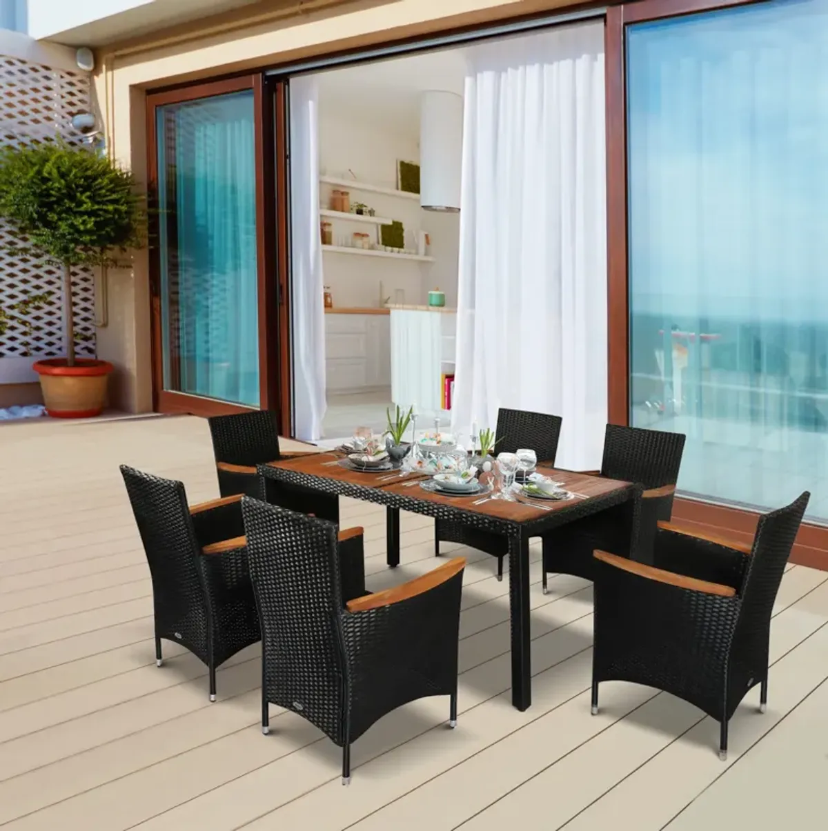 Patio Dining Ensemble: 7-Piece Rattan Set with Acacia Wood Table