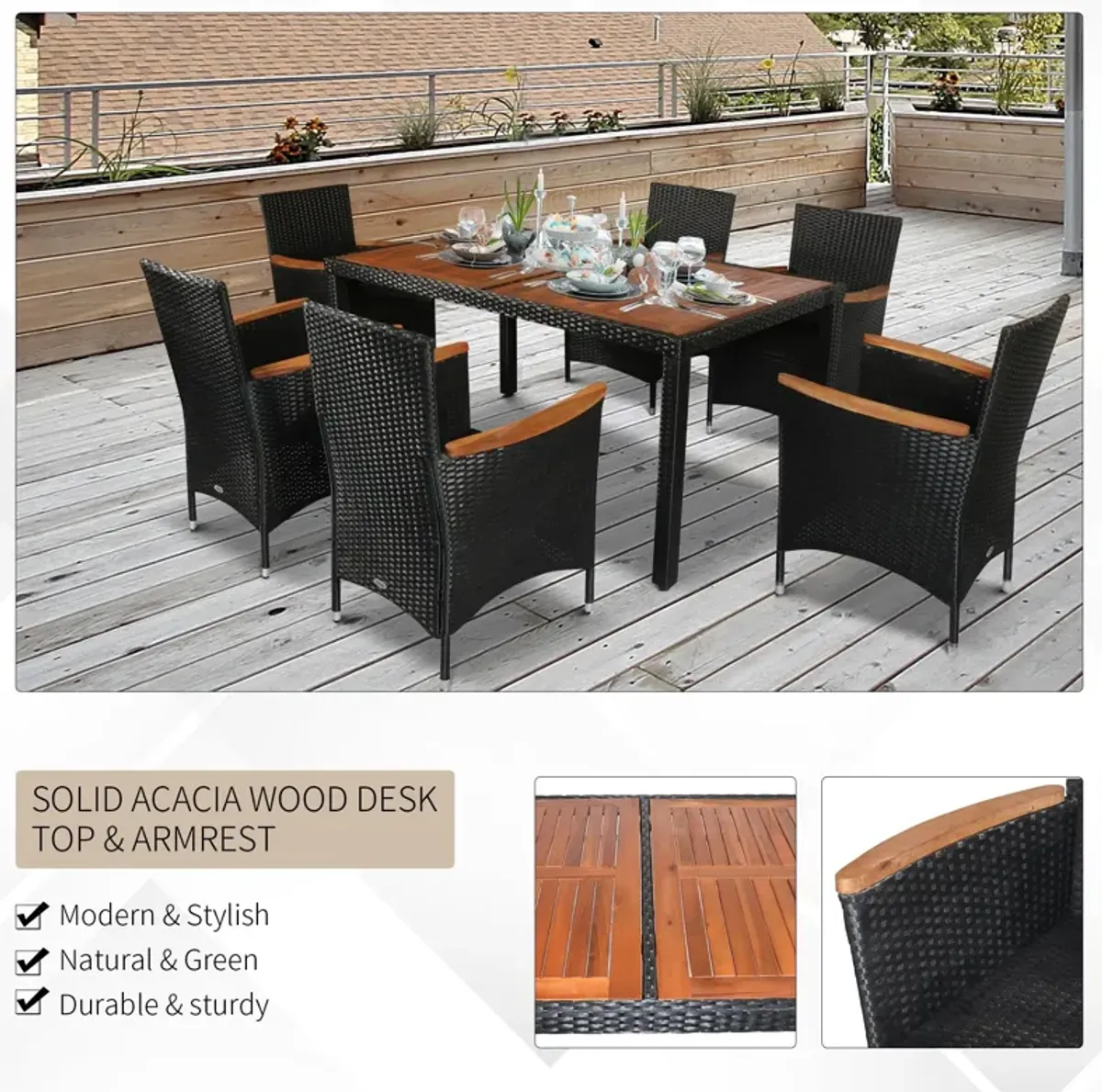 Patio Dining Ensemble: 7-Piece Rattan Set with Acacia Wood Table