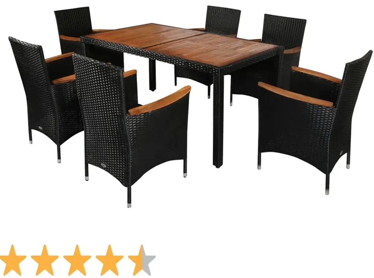 Patio Dining Ensemble: 7-Piece Rattan Set with Acacia Wood Table