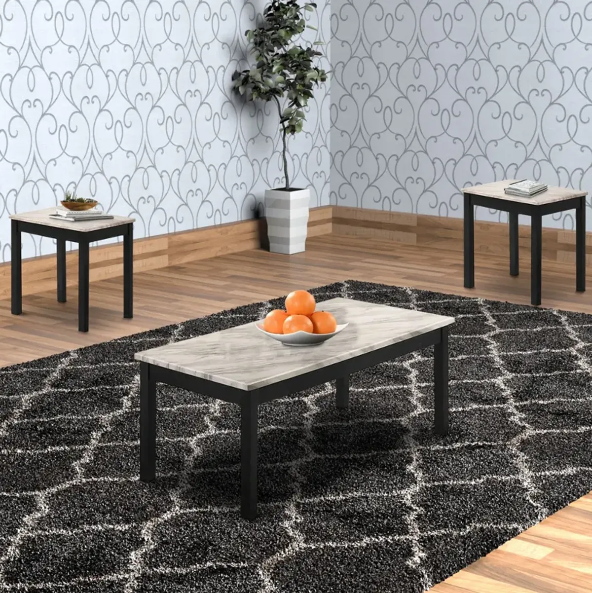 3 Piece Coffee Table and End Table with Faux Marble Top, Black and White-Benzara