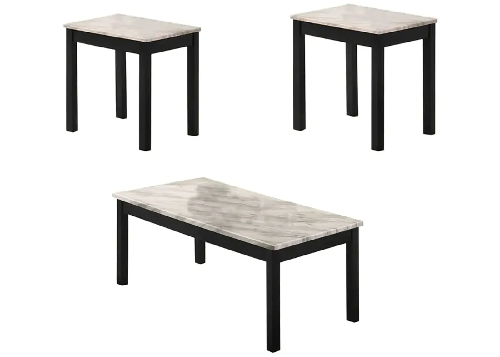 3 Piece Coffee Table and End Table with Faux Marble Top, Black and White-Benzara