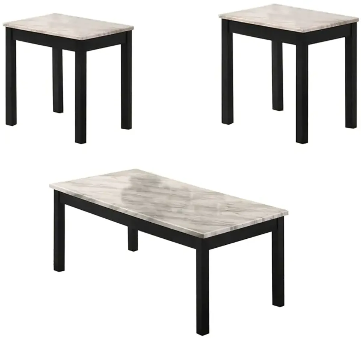 3 Piece Coffee Table and End Table with Faux Marble Top, Black and White-Benzara