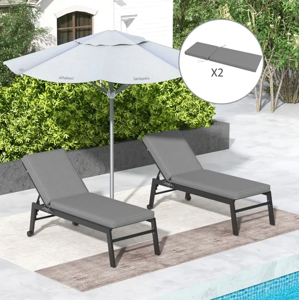 Outsunny 2 Patio Chaise Lounge Chair Cushions with Backrests, Replacement Patio Cushions with Ties for Outdoor Poolside Lounge Chair, Gray