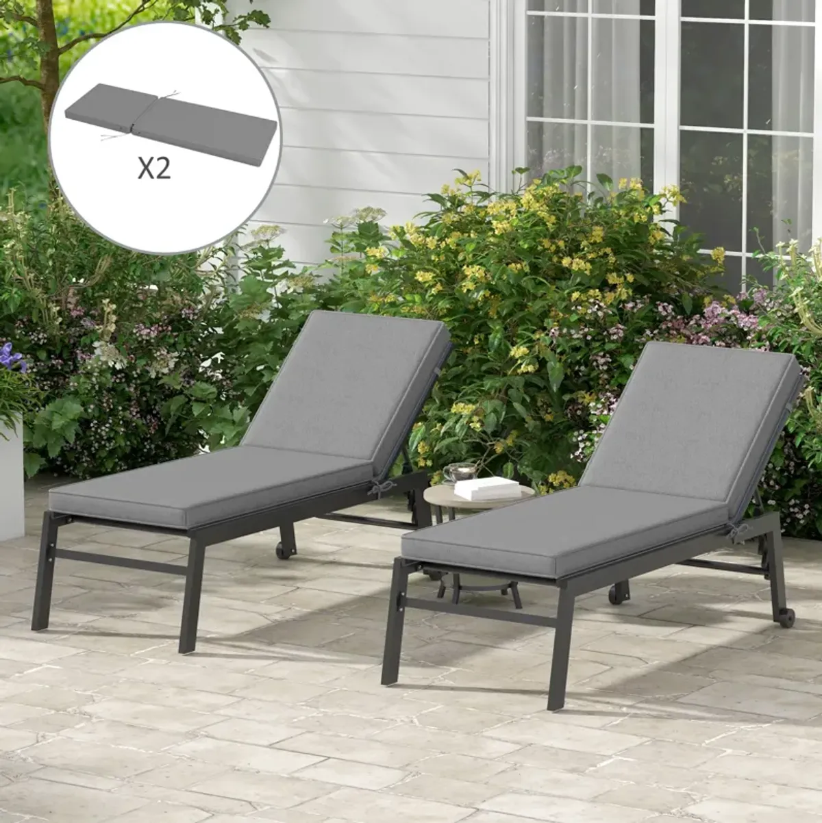 Outsunny 2 Patio Chaise Lounge Chair Cushions with Backrests, Replacement Patio Cushions with Ties for Outdoor Poolside Lounge Chair, Gray