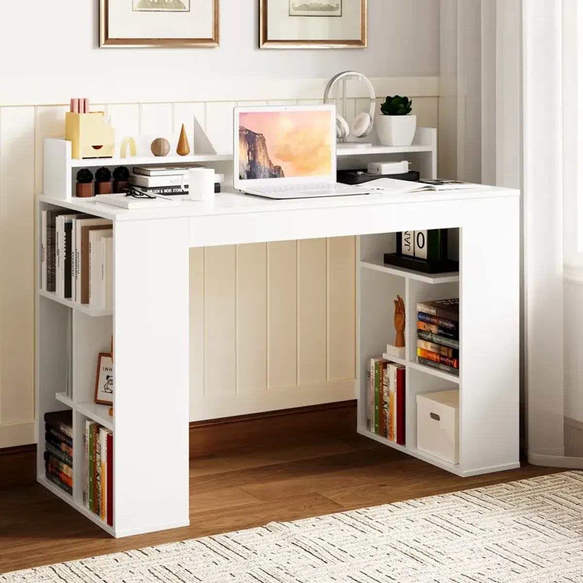 Office Computer Desk with Dual 3 Tier Bookshelf and Monitor Shelf-White