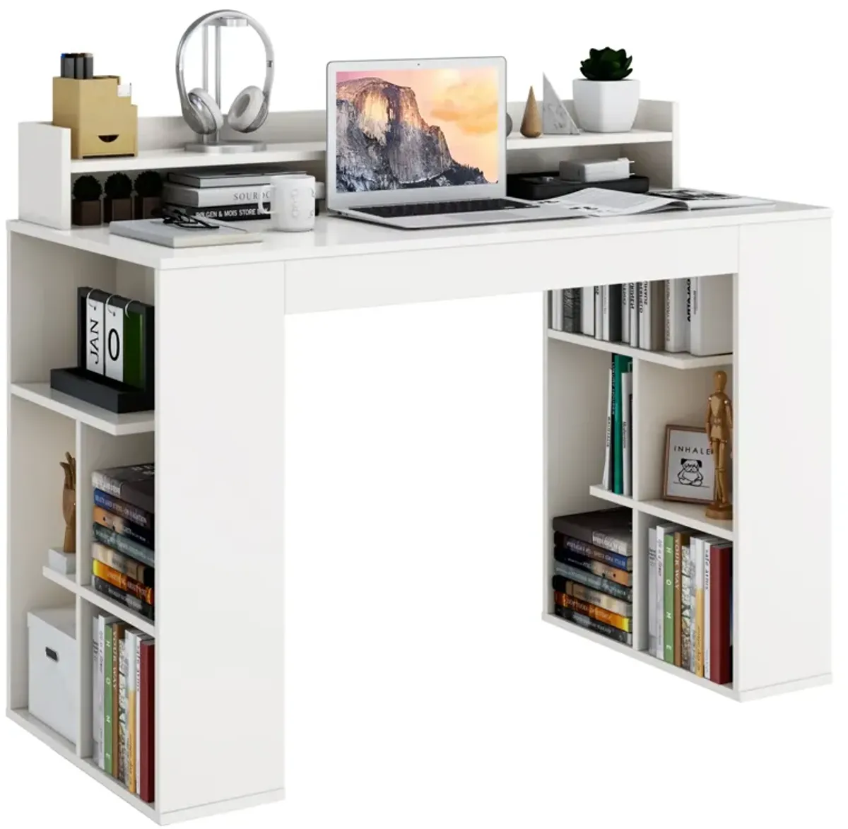 Office Computer Desk with Dual 3 Tier Bookshelf and Monitor Shelf-White