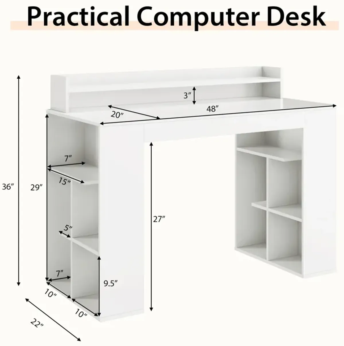 Office Computer Desk with Dual 3 Tier Bookshelf and Monitor Shelf-White