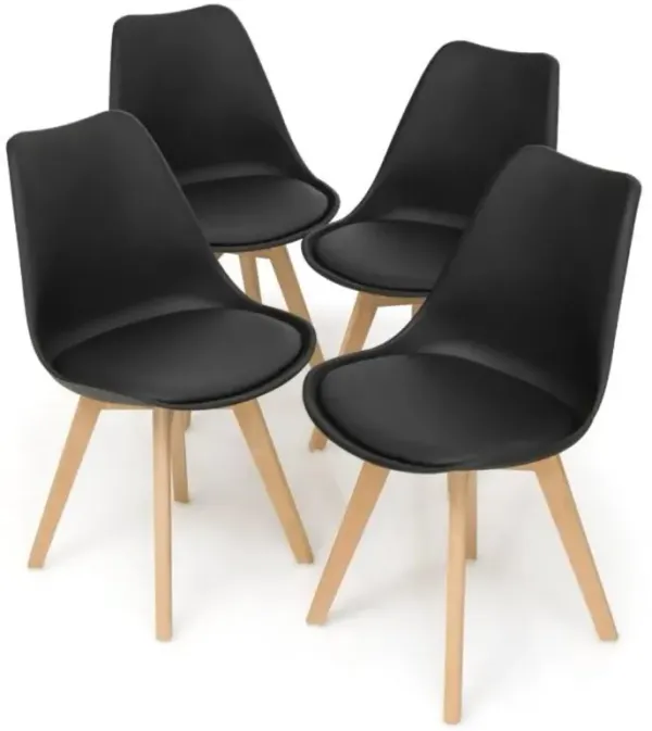 Hivvago Set of 4 Modern Mid-Century Style Black PU Leather Dining Chairs with Wood Legs