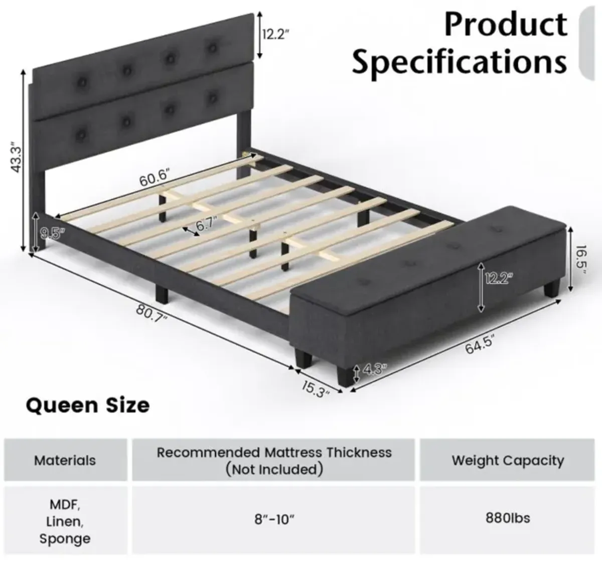 Hivvago Twin/Full/Queen Upholstered Bed Frame with Ottoman Storage