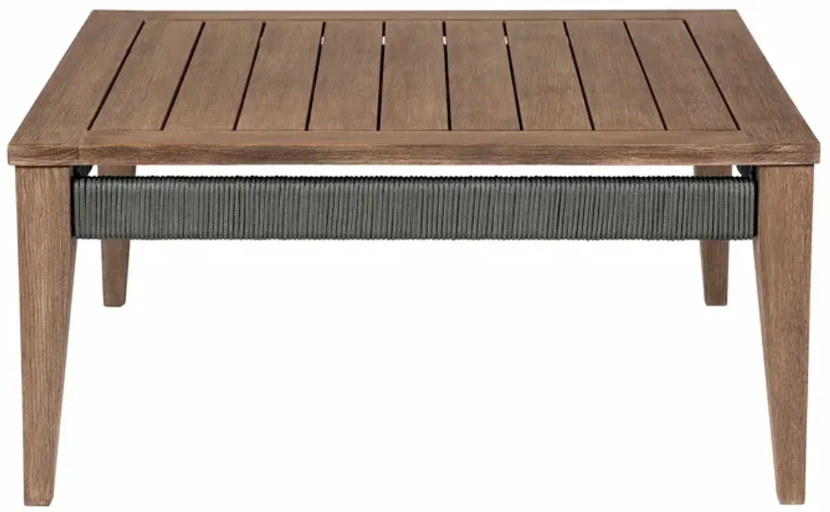 Kimi 36 Inch Outdoor Coffee Table, Brown Eucalyptus Wood, Woven Rope Apron - Benzara