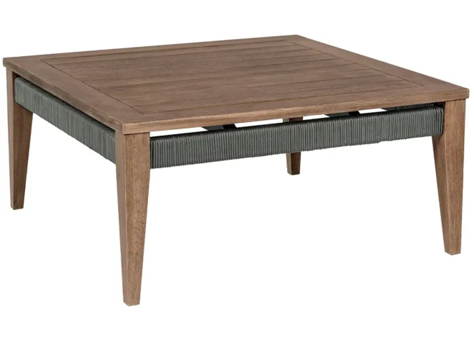 Kimi 36 Inch Outdoor Coffee Table, Brown Eucalyptus Wood, Woven Rope Apron - Benzara