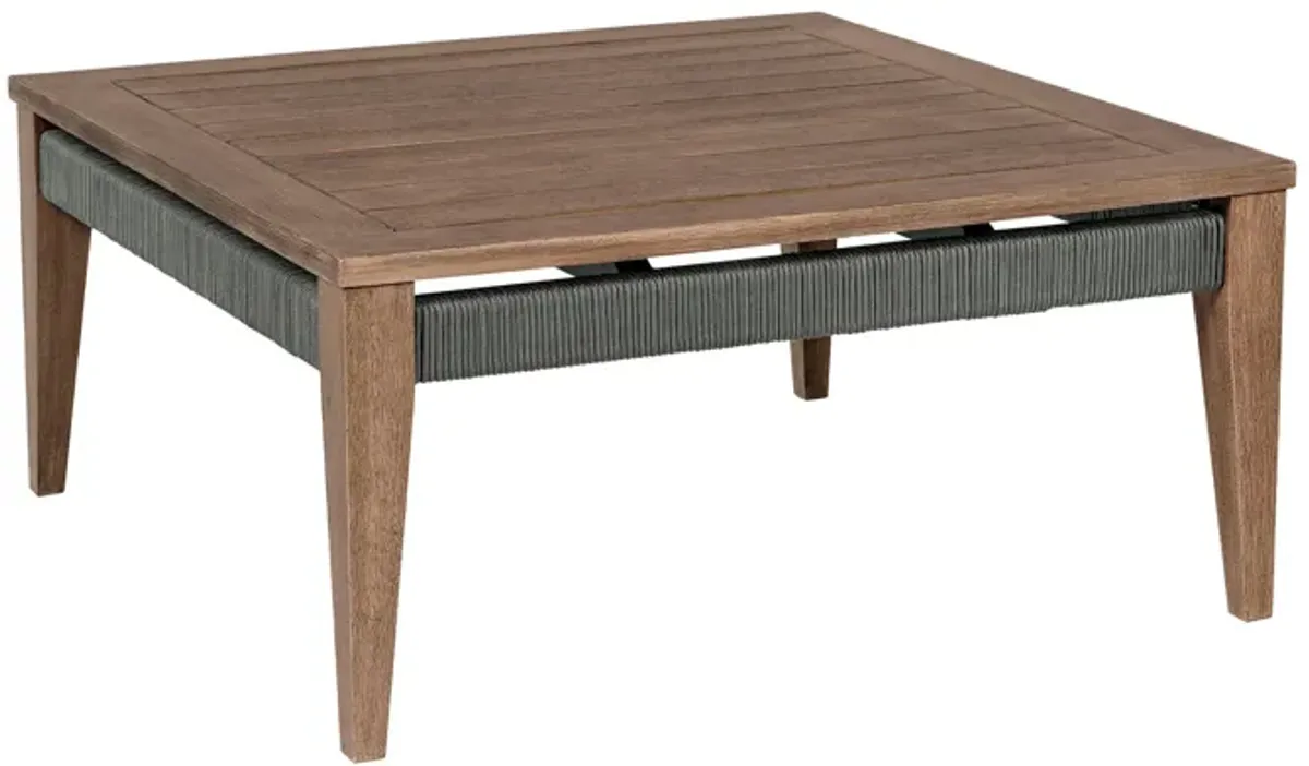 Kimi 36 Inch Outdoor Coffee Table, Brown Eucalyptus Wood, Woven Rope Apron - Benzara