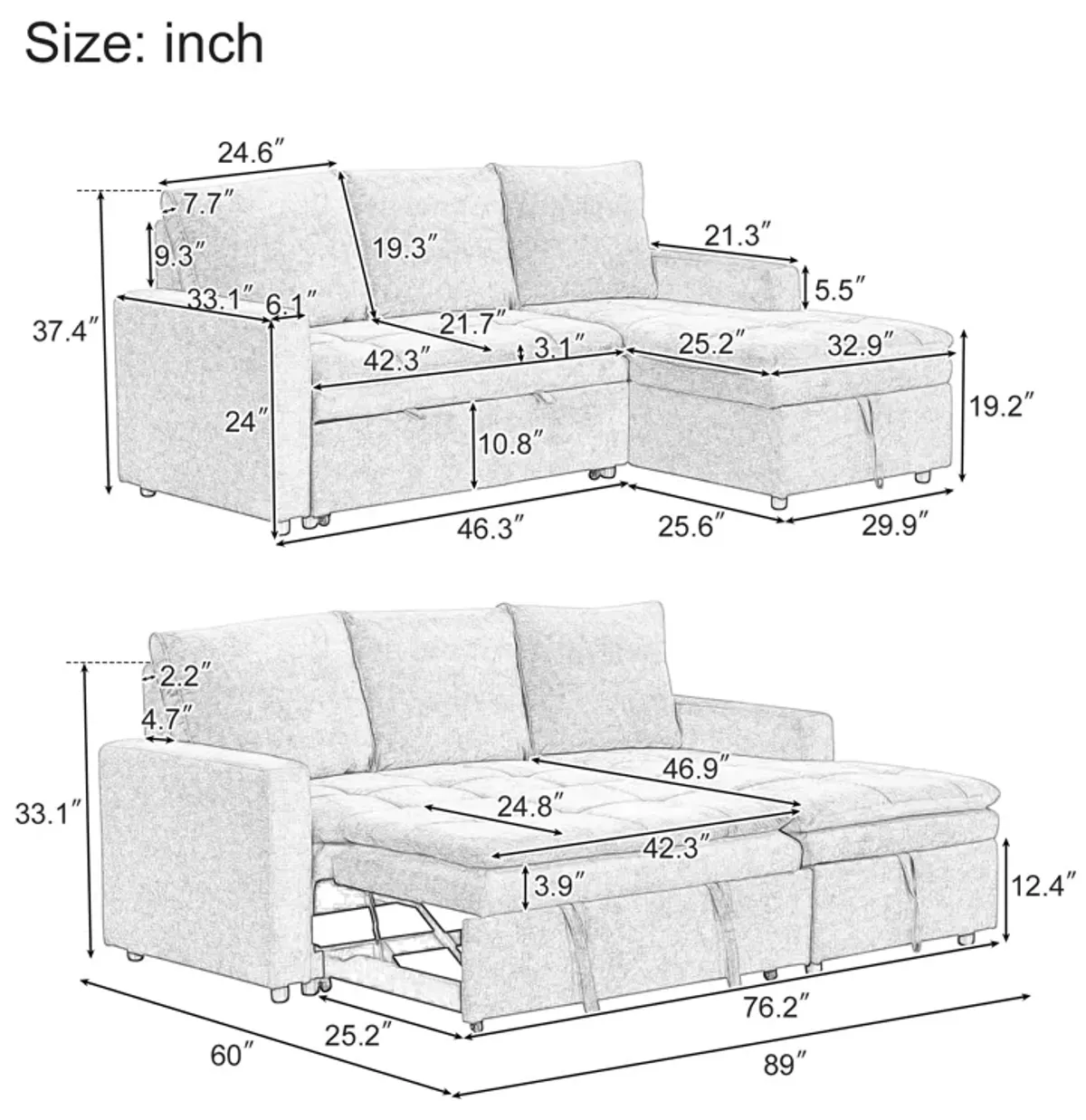 Merax Polyester Sectional Sofa Bed with Storage Space