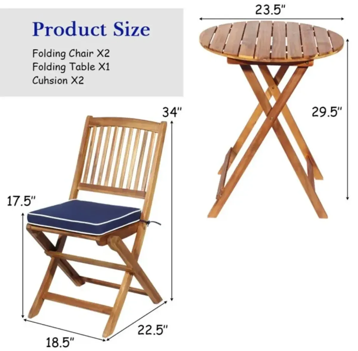 Hivvago 3 Pieces Patio Folding Bistro Set with Padded Cushion and Round Coffee Table-Navy