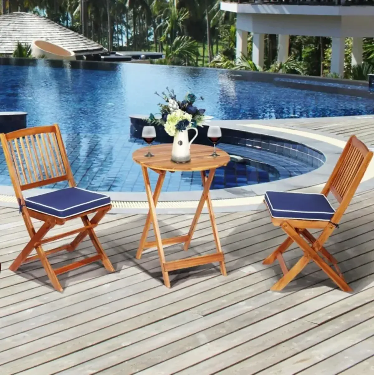 Hivvago 3 Pieces Patio Folding Bistro Set with Padded Cushion and Round Coffee Table-Navy