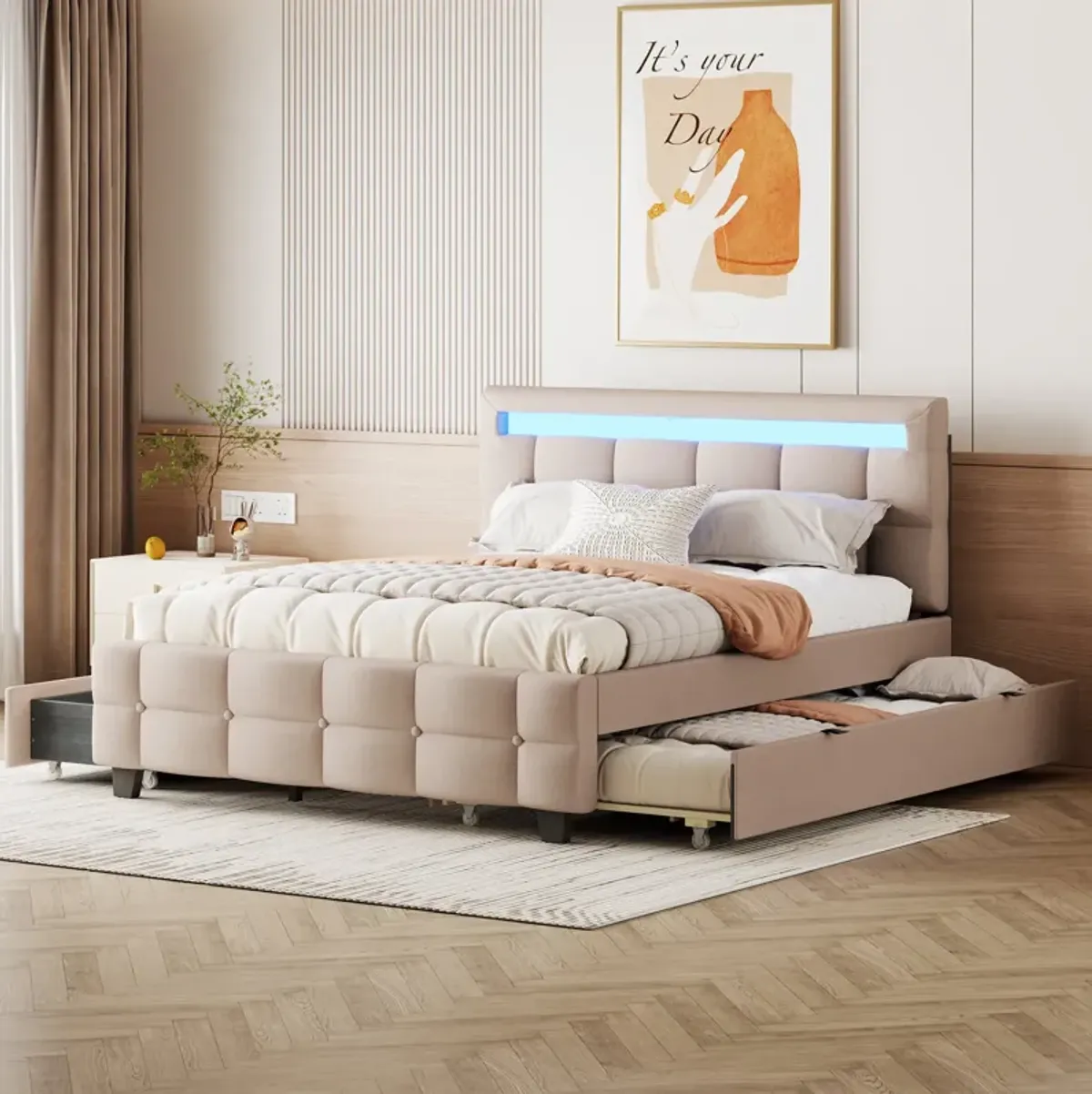 Merax Upholstered Platform Bed with LED Frame