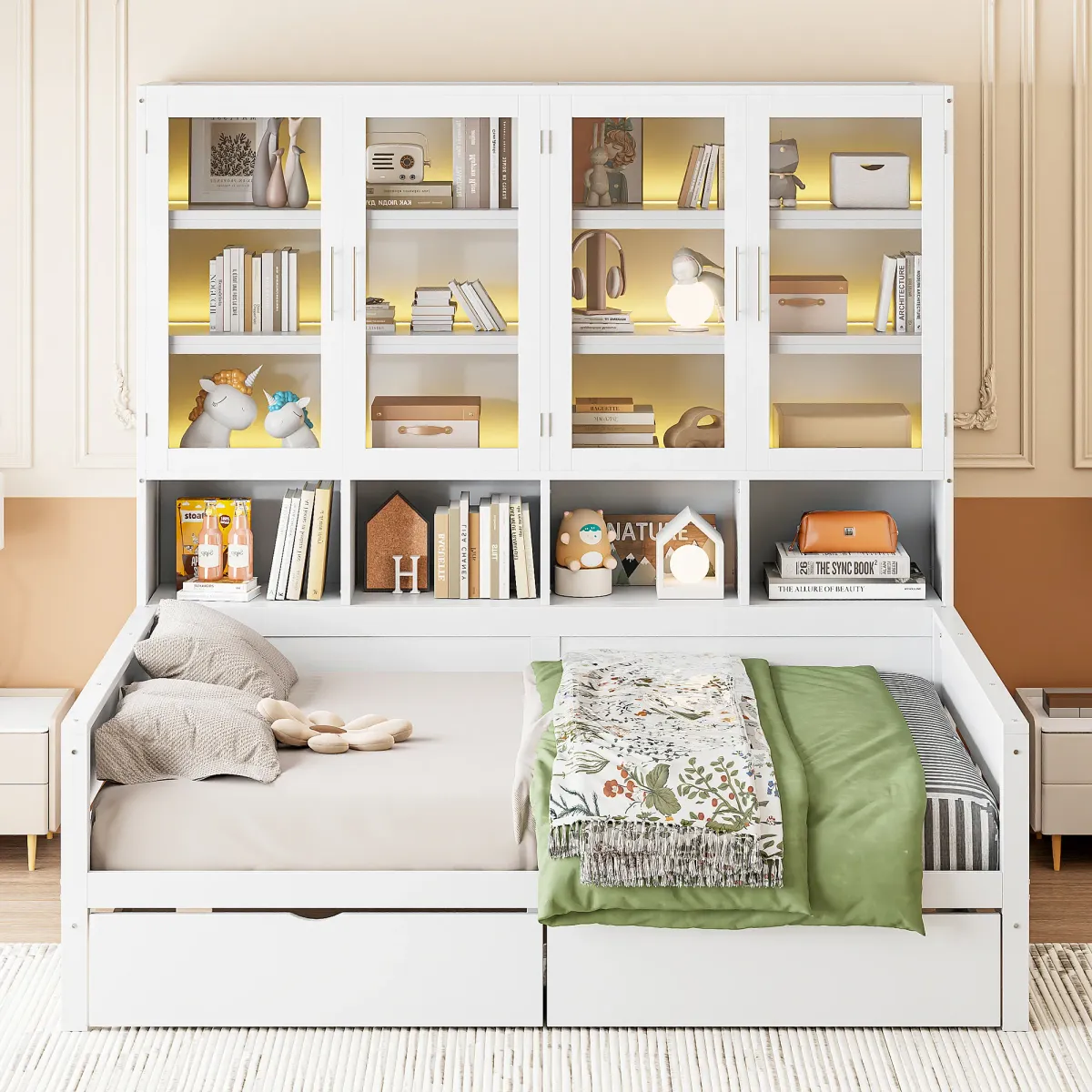 Merax Daybed Bed with Storage Cabinets and LED Lighting