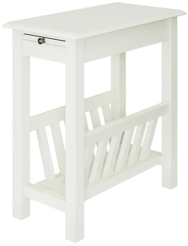 2-Tier End Table with Pull-out Tray and Solid Rubber Wood Legs-White