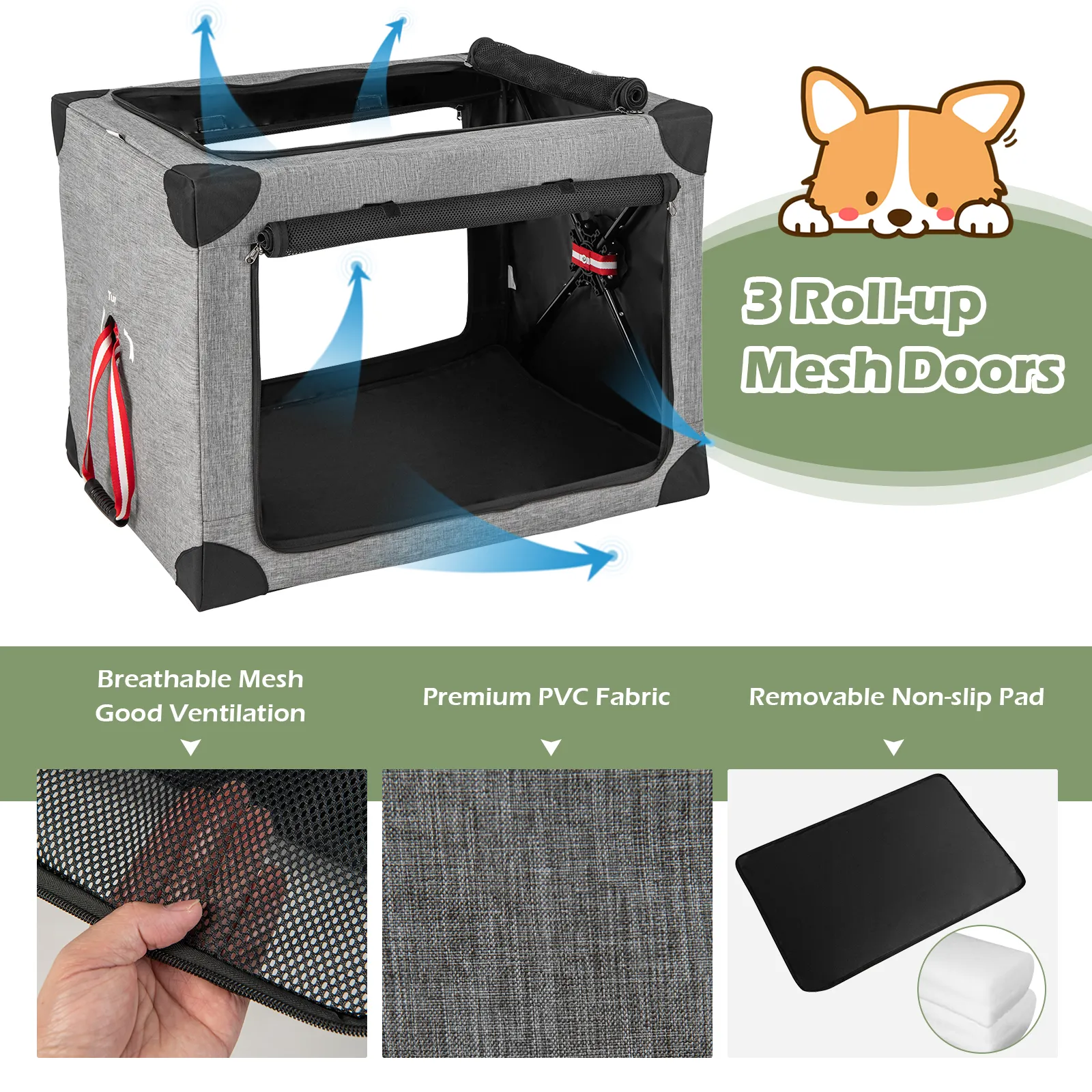 3-Door Dog Crate with Removable Pad and Metal Frame