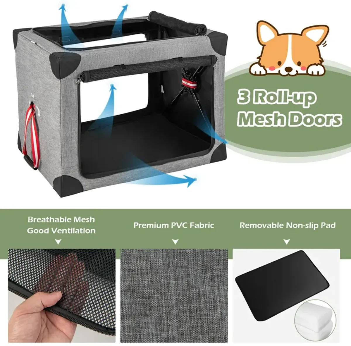 3-Door Dog Crate with Removable Pad and Metal Frame