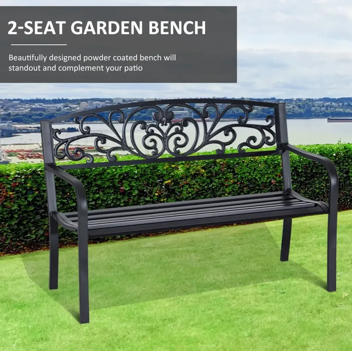 Ornate Outdoor Seating: 50" Black Metal Garden Bench with Floral Design