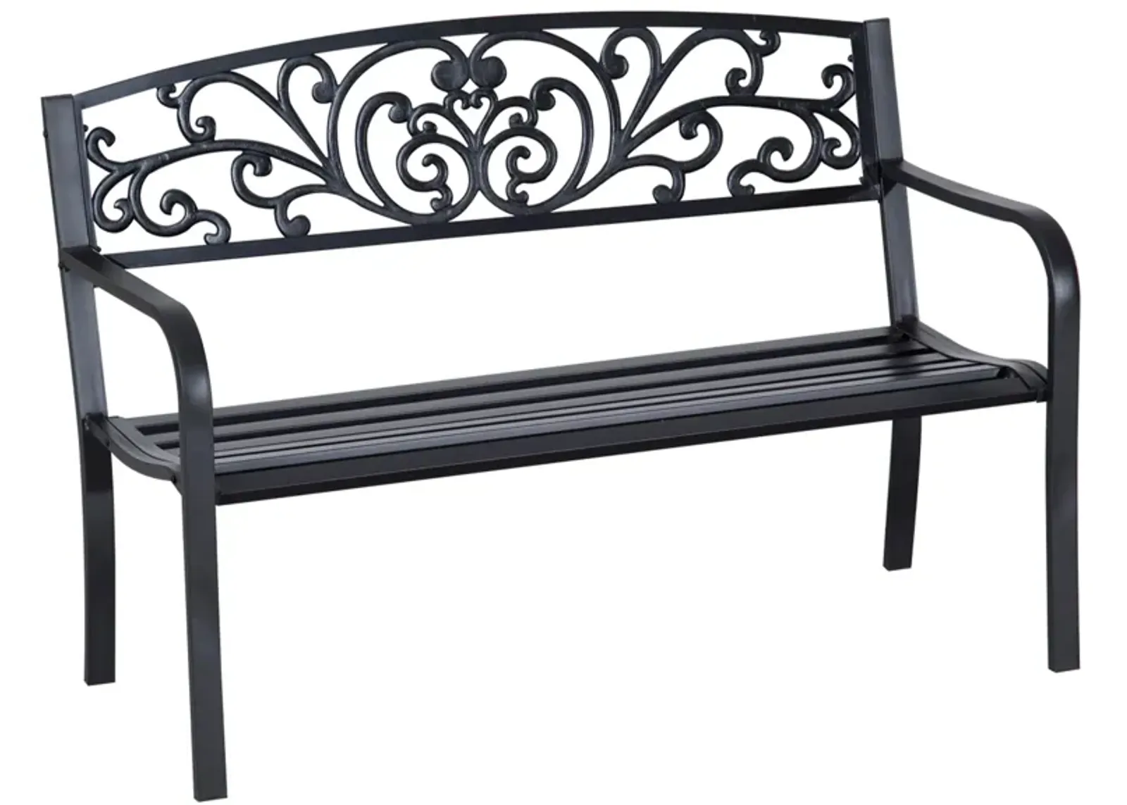 Ornate Outdoor Seating: 50" Black Metal Garden Bench with Floral Design