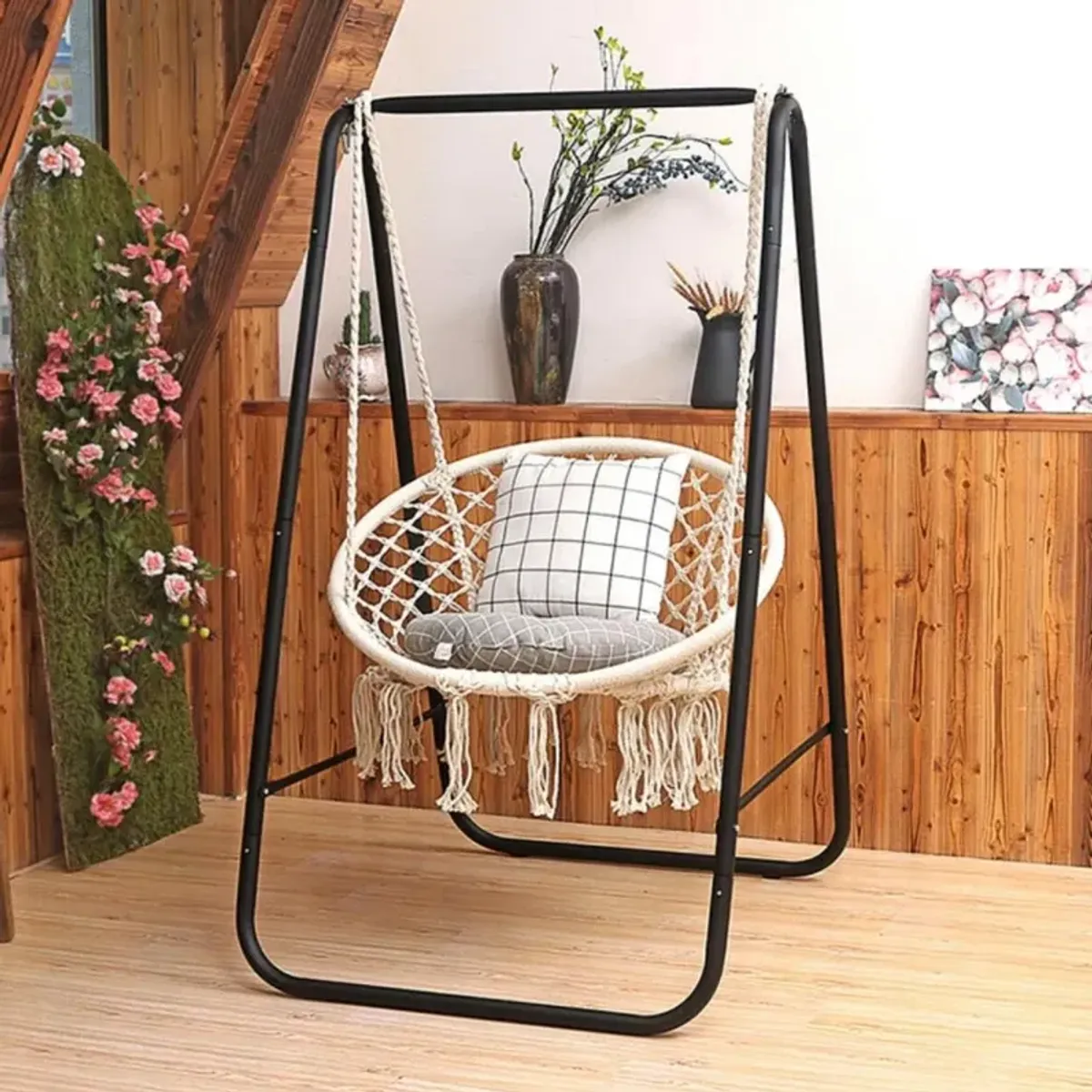 Hivvago Hanging Macrame Hammock Chair with Handwoven Cotton Backrest