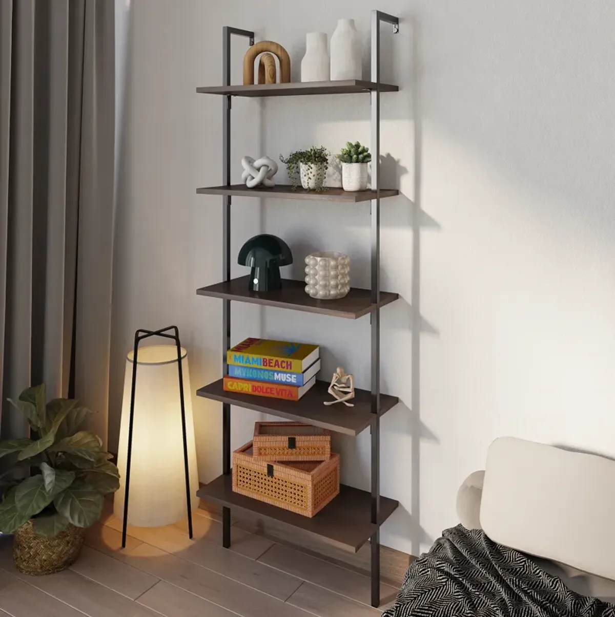 Madera  Industrial 5-Shelf Wood Wall-Mounted Open Ladder Bookcase