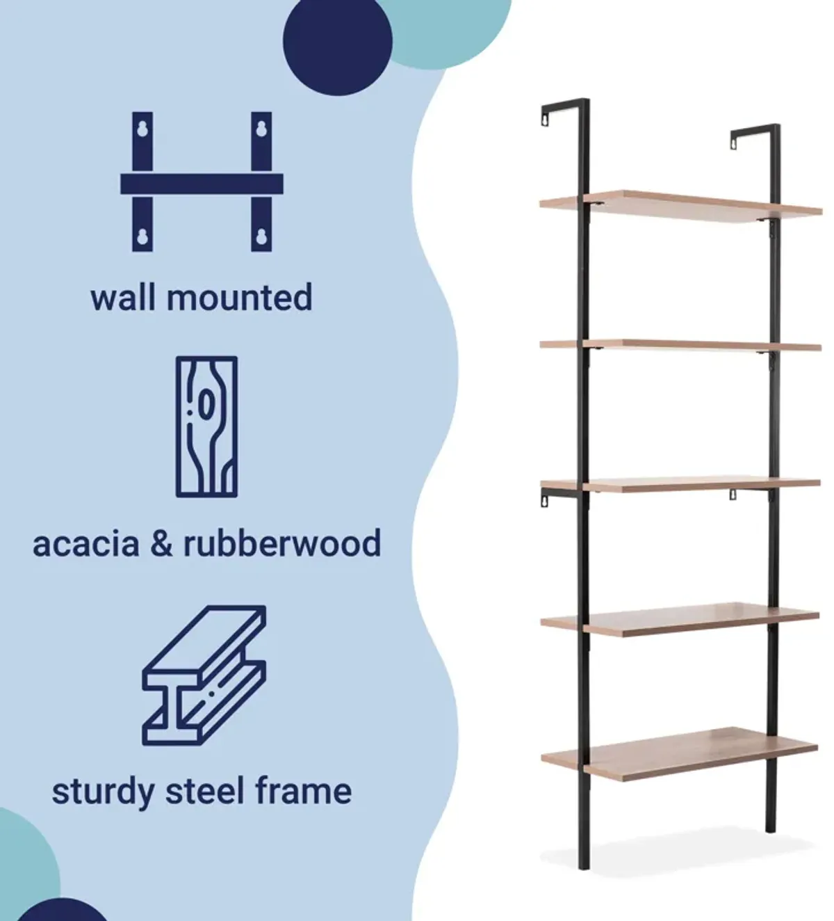 Madera  Industrial 5-Shelf Wood Wall-Mounted Open Ladder Bookcase