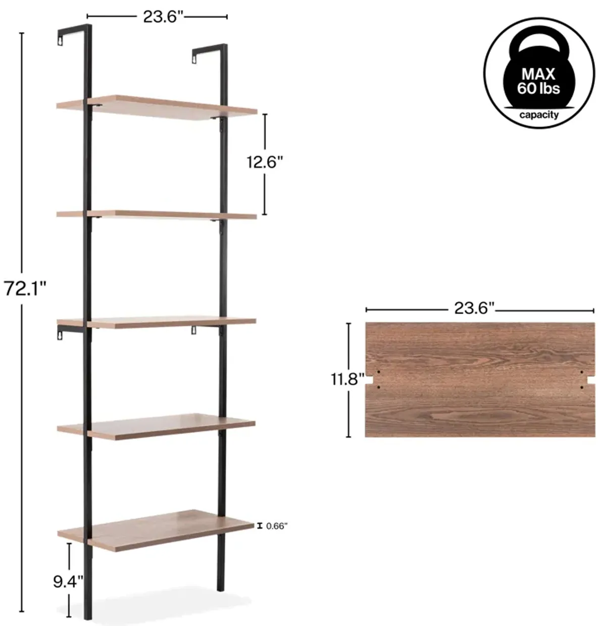 Madera  Industrial 5-Shelf Wood Wall-Mounted Open Ladder Bookcase