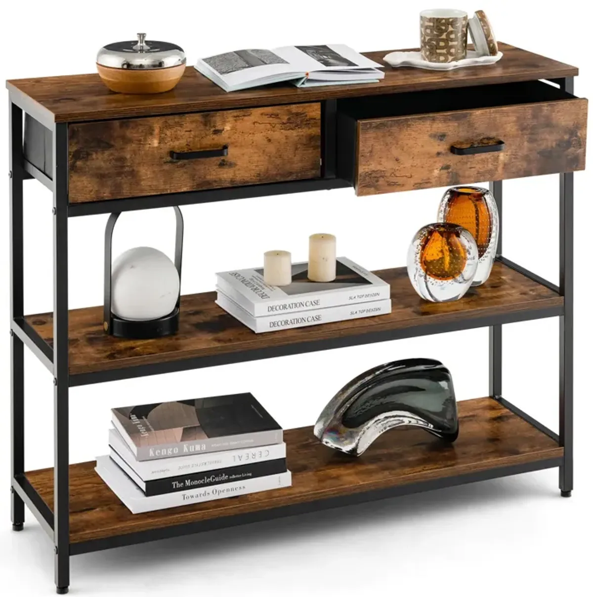 Console Table with Folding Fabric Drawers for Entryway-Rustic Brown