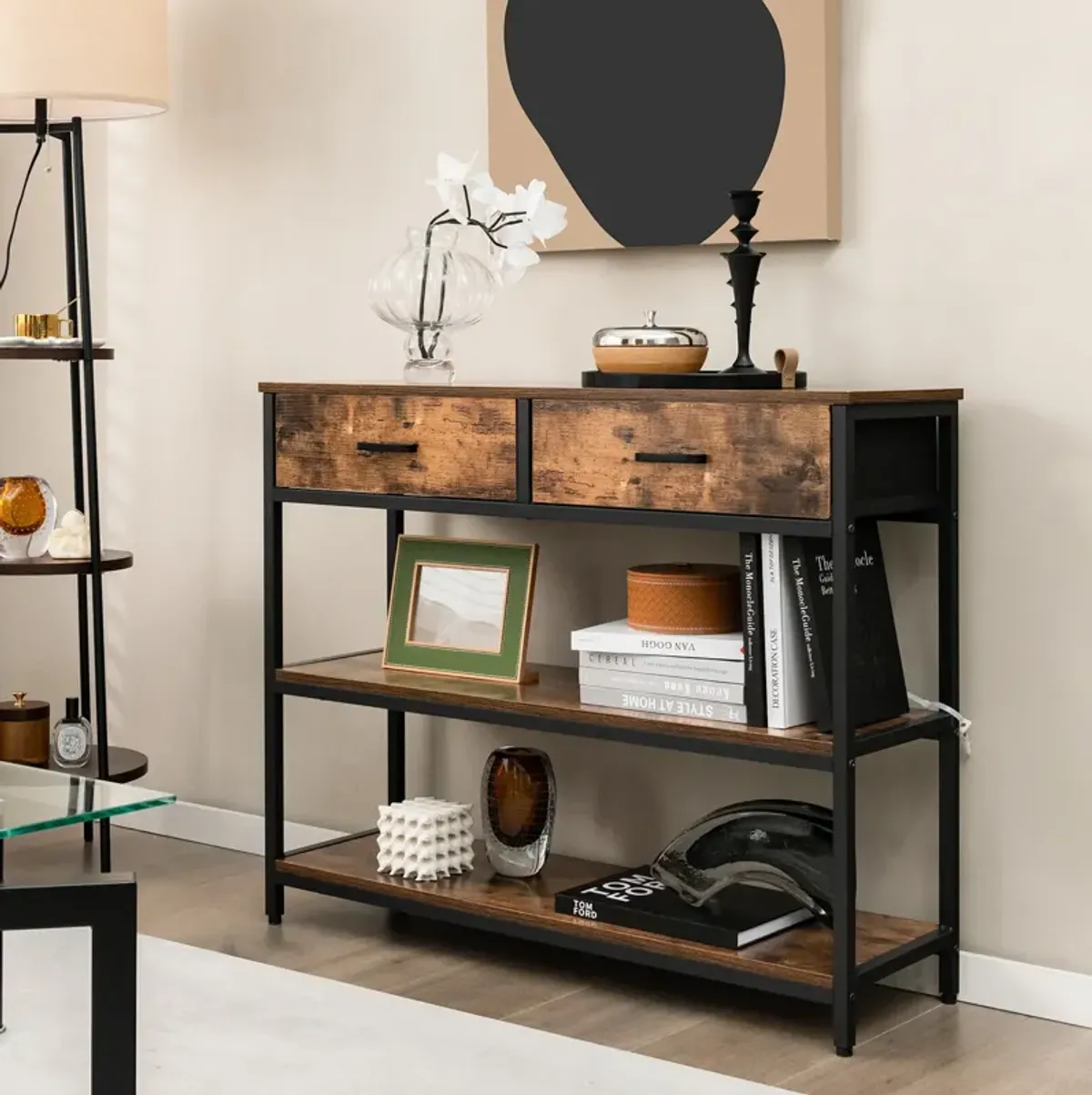 Console Table with Folding Fabric Drawers for Entryway-Rustic Brown